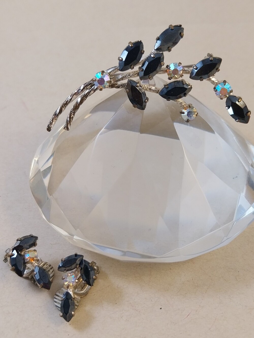 Vintage Black Crystal Branch Brooch and Clip-On Earrings Set